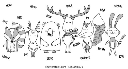 Cute bear, badger, fox, roe, deer, bunny - Vector hand drawn doodle character illustrations for posters, cards, t-shirts. 