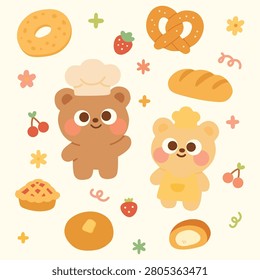Cute Bear Bakers with Bread and Pastry Set in Flat Kawaii Design