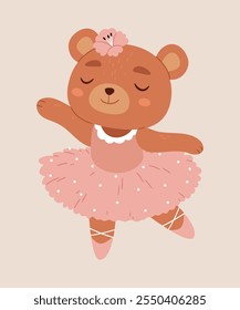 Bailarina de oso lindo en un vestido rosa bailando. Ilustración escandinava para impresión de tarjetas o póster.