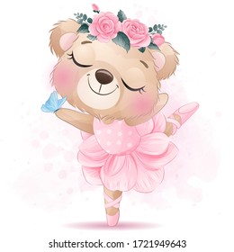 Cute bear ballet dance with watercolor effect