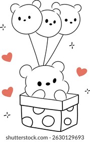 Cute Bear Balloon Box Vector Illustration - Hand Drawn Kawaii Style Character with Hearts