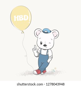 Cute bear with balloon cartoon hand drawn vecter illustration. Use for Happy birthday invitation card, T-shirt print, baby shower.
