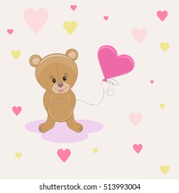 Cute bear with balloon. Greeting card.Light background