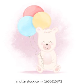 Cute bear with balloon hand drawn cartoon illustration