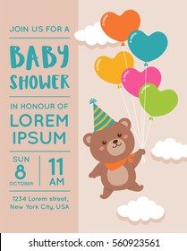 Cute Bear With Balloon Illustration For Baby Shower Invitation Card Design Template