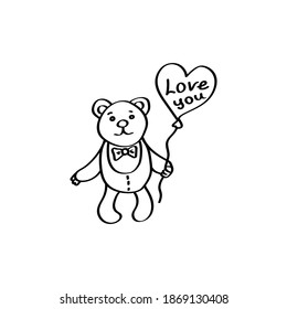 Zieh Bär mit einem Ballon. Liebe Geständnis Doodle Illustration. Valentinstag Vektordesign Element für Grußkarten, Einladungen. Schwarze Umrisse einzeln auf weißem Hintergrund.