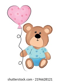 cute bear with a balloon sits on a white background