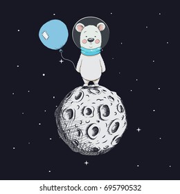 Cute bear with balloon stand on moon.Space adventure.Childish prints design for kids wear