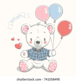 Cute bear with balloons cartoon hand drawn vector illustration. Can be used for t-shirt print, kids wear fashion design, baby shower invitation card.