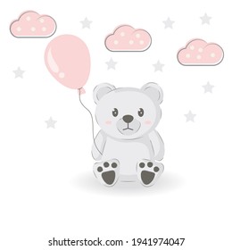 Cute bear with balloons in hand drawn vector illustration. Can be used to print t-shirts