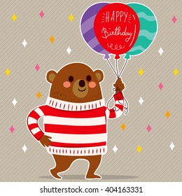 Cute bear with balloons and happy birthday text