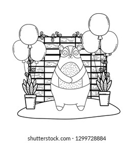 cute bear with balloons helium in the landscape
