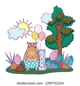 cute bear with balloons helium in the landscape