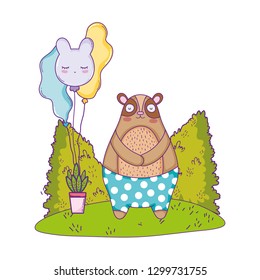 cute bear with balloons helium in the landscape