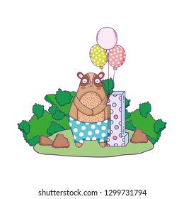 cute bear with balloons helium in the landscape
