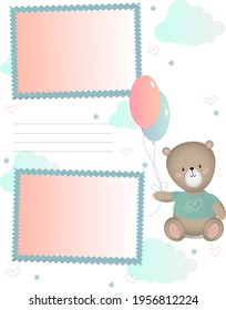 Cute bear with balloons. Scrapbooking sheet, photo album sheet. Photo frames surrounded by cute illustrations. Vector
