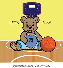 Vector lindo del bebé del jugador de baloncesto del oso Logotipo pequeño carácter animal, impresión del símbolo de la ilustración