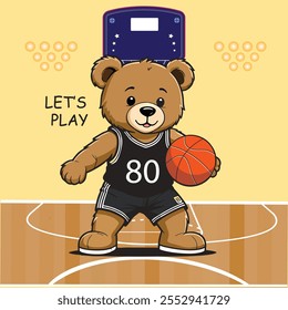 Vector lindo del bebé del jugador de baloncesto del oso Logotipo pequeño carácter animal, impresión del símbolo de la ilustración