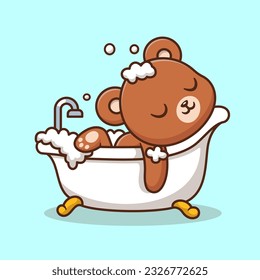 Cute Bear Bathing In Bathtub Cartoon Vector Icon Illustration. Animal Healthy Icon Concept Isolated Premium Vector. Flat Cartoon Style