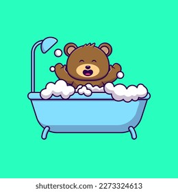 Cute Bear Bathing On Bathub Cartoon Vector Icons Illustration. Flat Cartoon Concept. Suitable for any creative project.