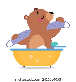 Cute Bear in Bathtub Washing Body with Scrub and Foam Vector Illustration