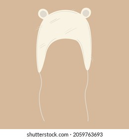 Cute bear beanie with ears for kids or baby. Hand drawn winter accessory. Hat with ties vector illustration. Warm clothers for cold weather