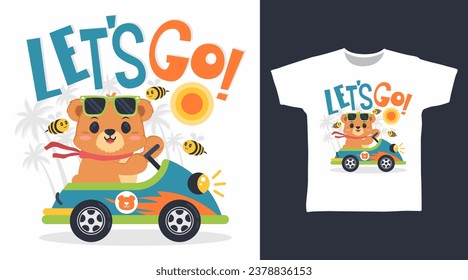 Cute Bear with Bee in Car tshirt art fashion design.