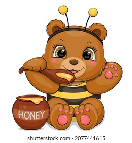 Cute bear in bee costume eats honey. Vector cartoon illustration of an animal on a white background.