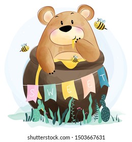 Cute bear with bee illustration