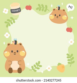 Cute bear with bee in nature concept cartoon.Template for write,diary,memo,planner,to do listbook,stationary.Honey,apple,leaf,carrot,flower hand drawn.Green background.Kawaii.Vector.Illustration.