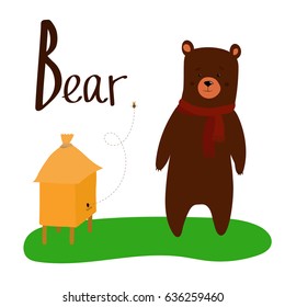 Cute bear with beehive and bee cartoon style vector illustration