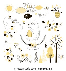 cute bear with beehive , design elements collection for D.I.Y. 