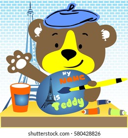 Cute bear the best painter on Eiffel tower background, vector cartoon illustration