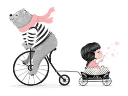 Cute Bear With Bicycle And Little Girl Vector Design.Animal Illustration.T-shirt Graphic.