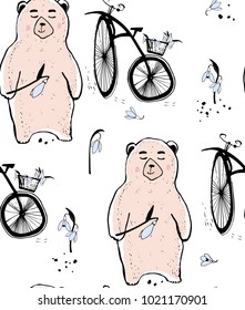 A cute bear, a bicycle and snowdrops. Seamless vector pattern with naive children's drawing.