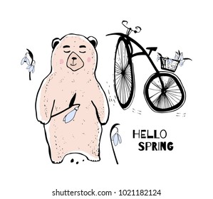 A cute bear, a bicycle and snowdrops. Style of children's drawings. Childish print for nursery, kids apparel,poster, postcard. Vector illustration.