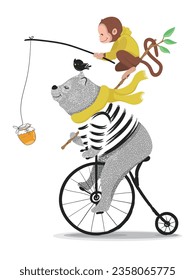 Cute bear with bicycle vector graphic.Circus show illustration.Kid t-shirt graphics.Cute monkey and bear are playing games.Print design for birthday and baby shower greeting cards.Teddy bear vector.