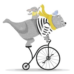 Cute Bear With Bicycle.Circus Show Illustration.T-shirt Graphics.Funny Teddy Bear Is On The Bike And Rabbit And Bird Are Having Fun On It.Cute Character Designs For Baby Shower, Birthday, Books.