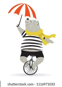 Cute Bear With Bicycle.Circus Show Illustration.T-shirt Graphics.Animal Print