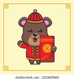 Cute bear with big red envelope in chinese new year. Vector cartoon Illustration suitable for poster, brochure, web, mascot, sticker, logo and icon.