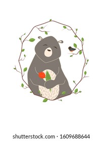 Cute bear and bird framed by circlet of spring branches