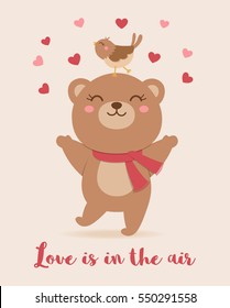 Cute bear and bird illustration with text love is in the air for valentine's day card.