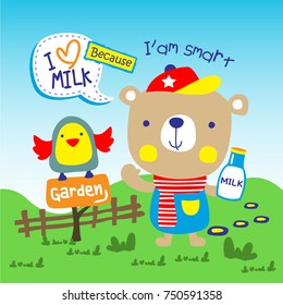 cute bear and bird play together,design vector illustration