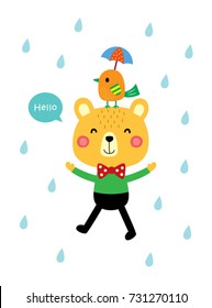 cute bear and bird in raining day
