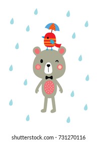 cute bear and bird in raining day
