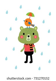 cute bear and bird in raining day
