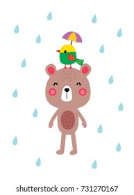 cute bear and bird in raining day
