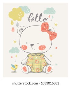 Cute Bear with bird.cartoon hand drawn vector illustration. Can be used for baby t-shirt print, fashion print design, kids wear, baby shower celebration greeting and invitation card.