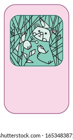 Cute bear with birds and a branch in its paws. Suitable for business cards, stickers, invitations, cards. With place for your text.
