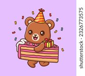 Cute Bear With Birthday Cake Cartoon Vector Icon Illustration. Animal Food Icon Concept Isolated Premium Vector. Flat Cartoon Style